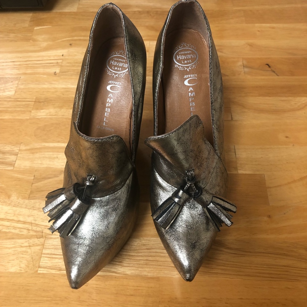 Jeffrey Campbell silver platform loafer heels